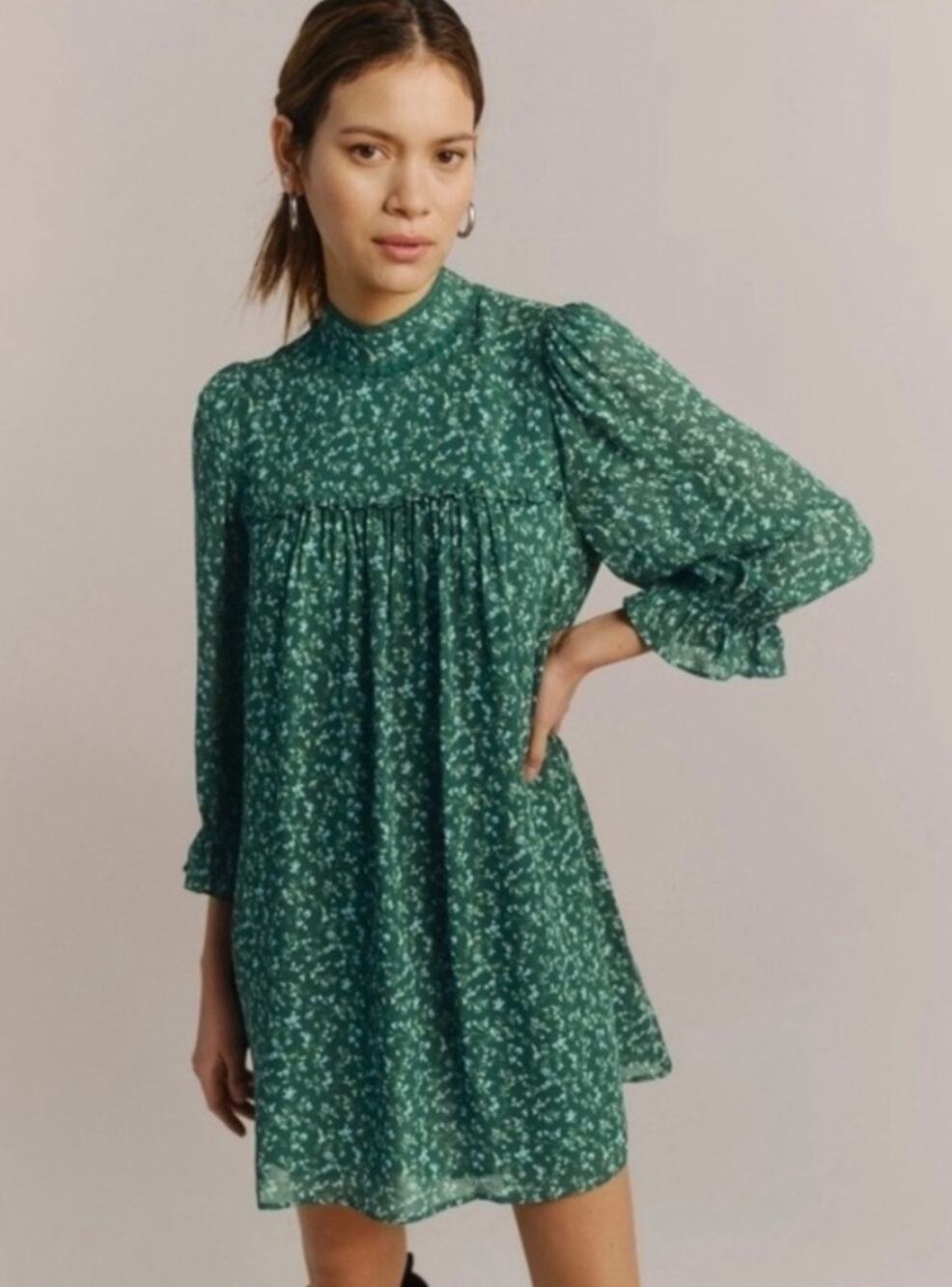 Reformation Ottilie Mock Neck Green Floral Dress Small
